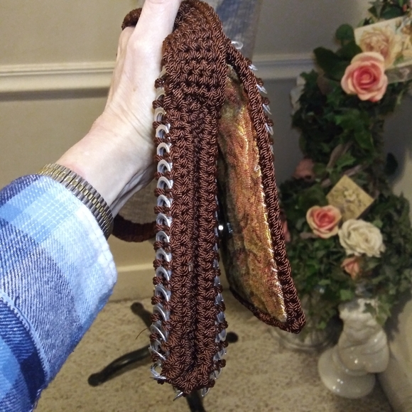 Boho One-Of-A-Kind Handmade Silver Soda Tab Trimmed Brown Crocheted Shoulder Bag - Picture 5 of 12
